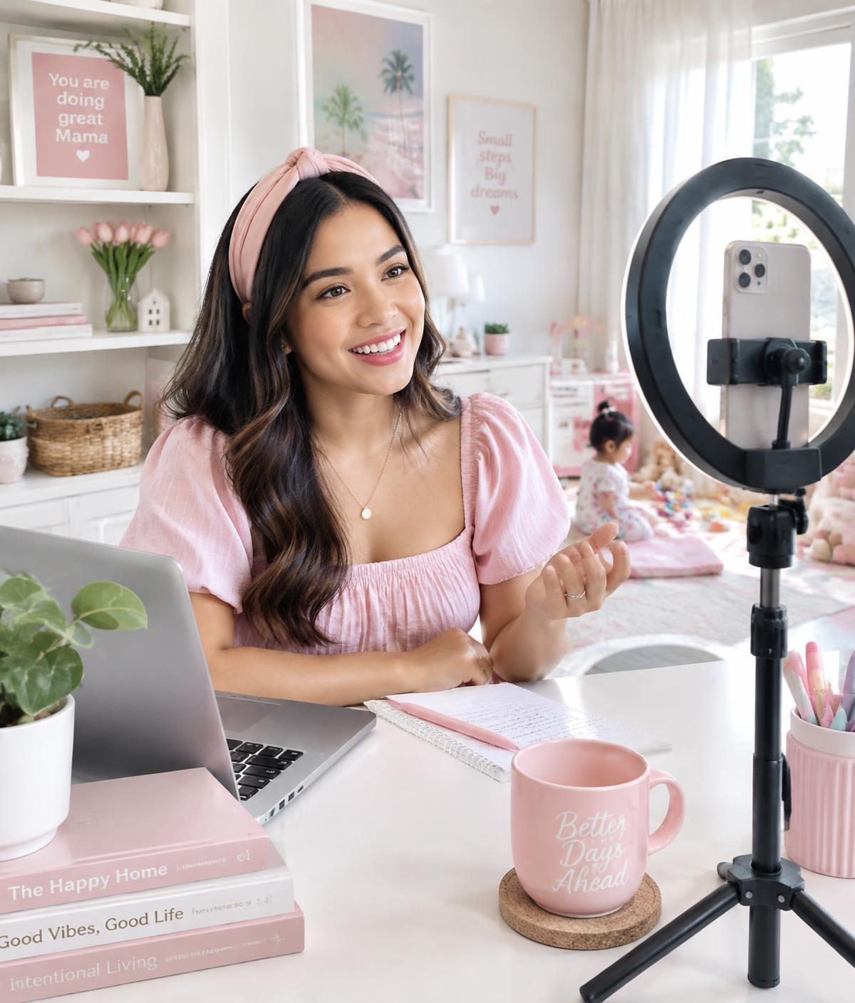 A mom filming content at her home desk